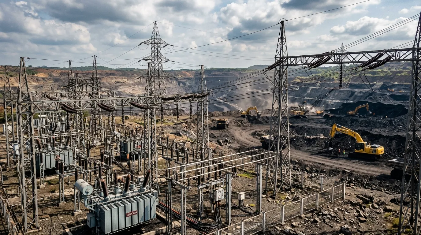 33 kV electrical substation and transmission gantry overlooking open-cast coal mining pit at BCCL Lodna Dhanbad