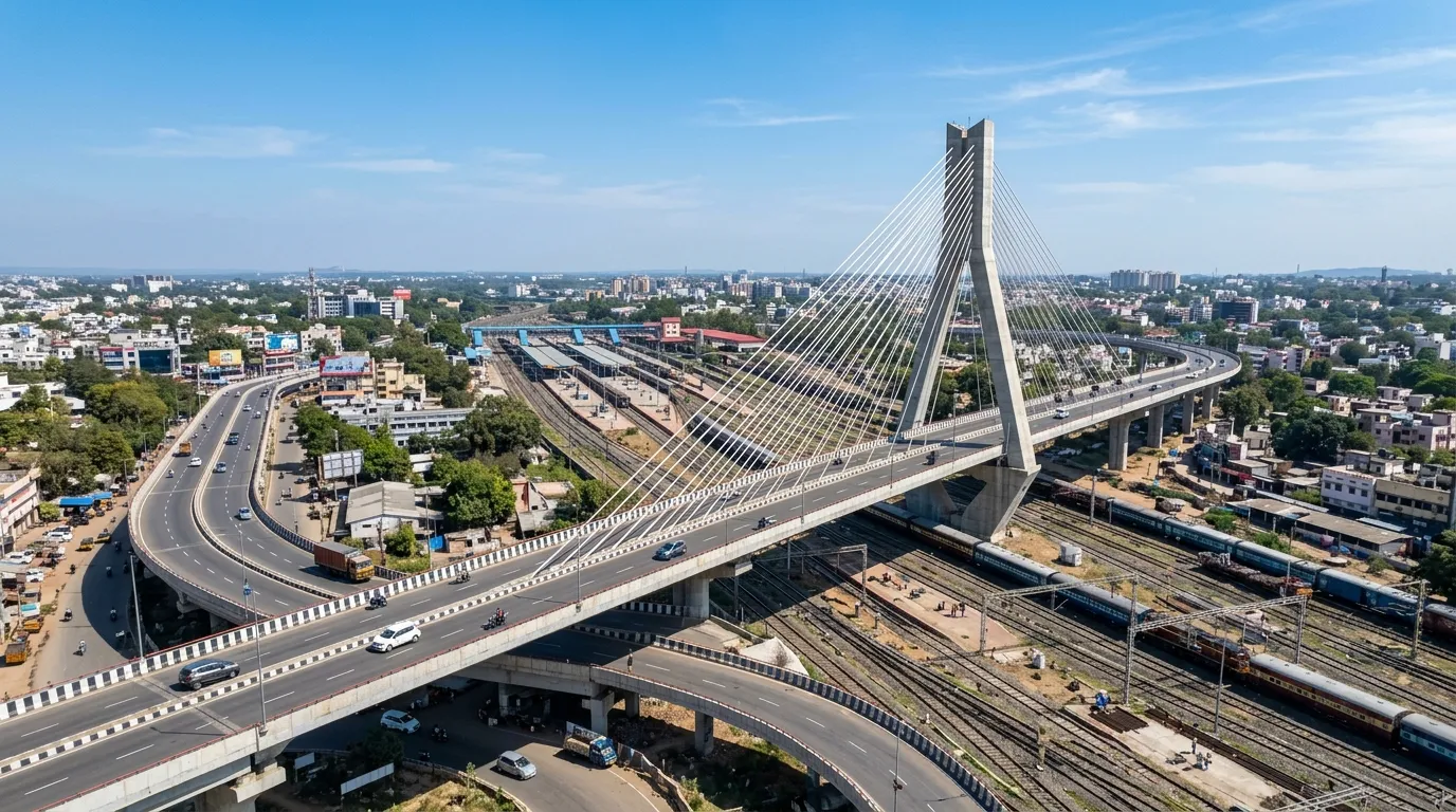 Daylight aerial drone view of the 2.34 km elevated flyover corridor curving above Ranchi railway station