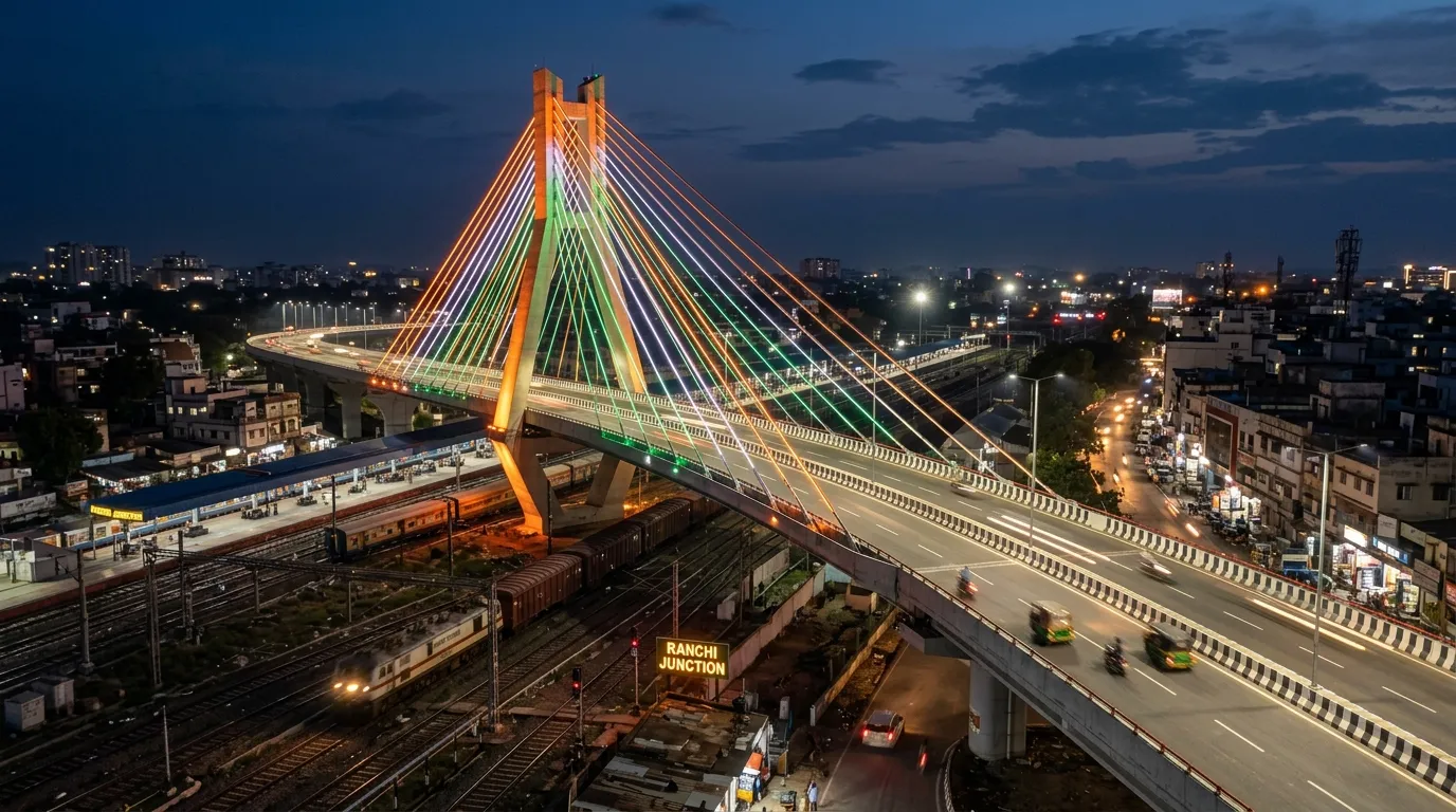 Siramtoli-Mecon cable-stayed flyover over Ranchi railway tracks illuminated at night with tricolor lighting