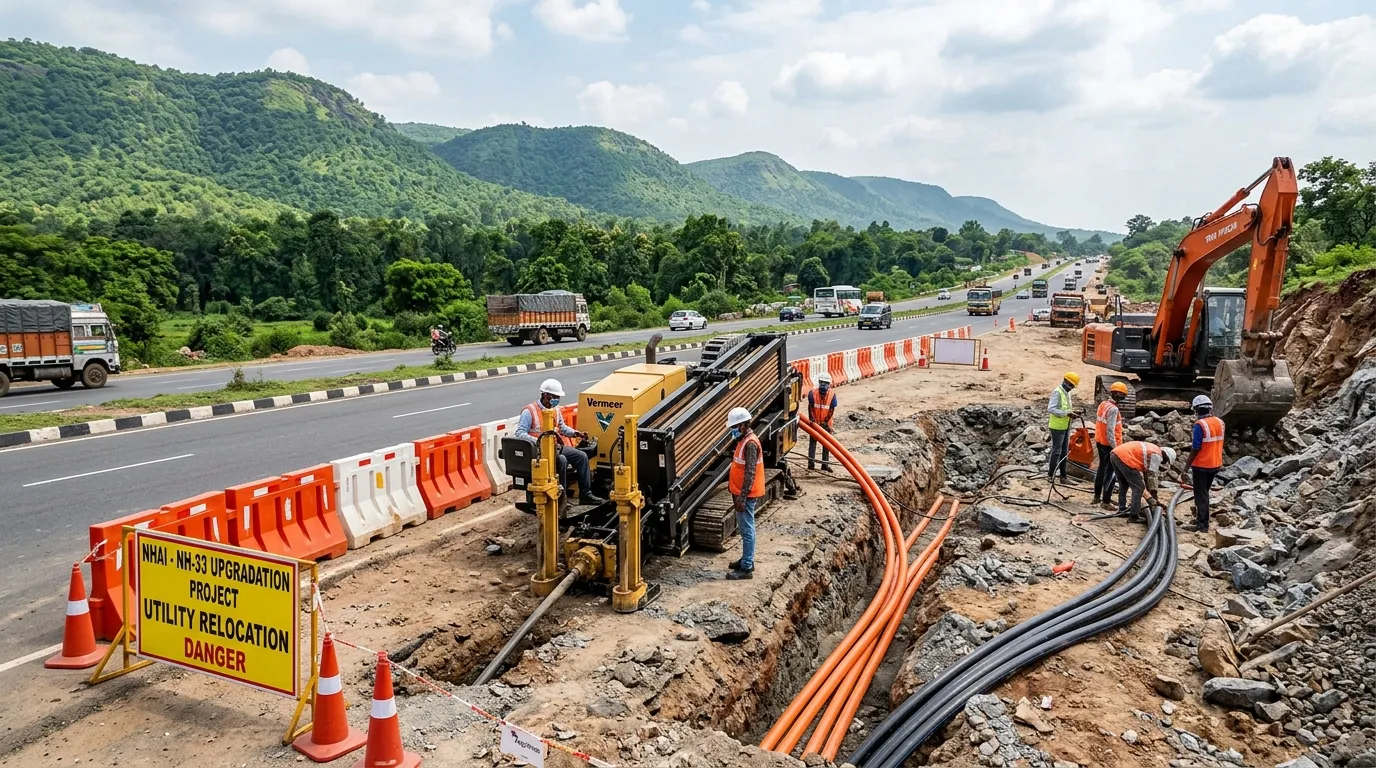 NH-33 Ghatshila 4-lane highway expansion with active Horizontal Directional Drilling utility relocation and conduit trenching